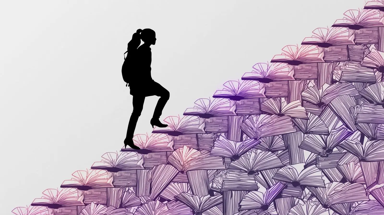 elegant silhouette of a student climbing upward steps made from books, thin line art style, purple and gold glow accents, transparent background, motivational design for hero section.