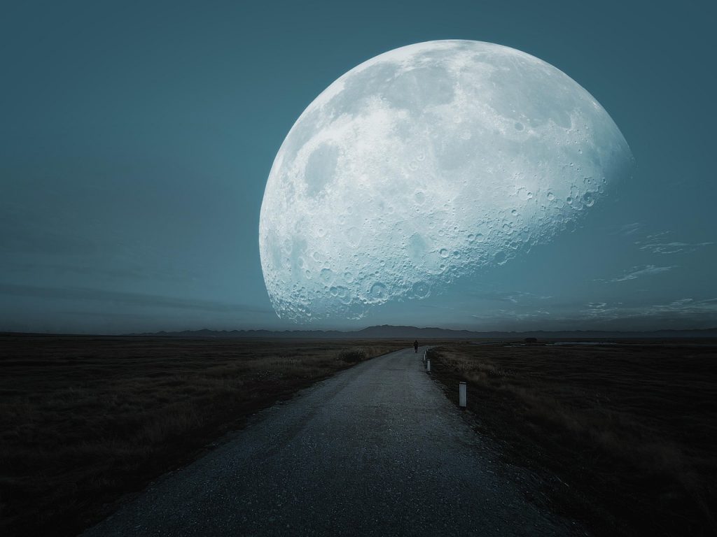 moon, road, night, sky, space, meadow, grassland, landscape, universe, science fiction, night sky, mystery, nature, horizon, dark